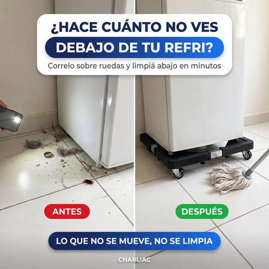 Antes y después: la mugre debajo del refri y el piso limpio con la base con ruedas