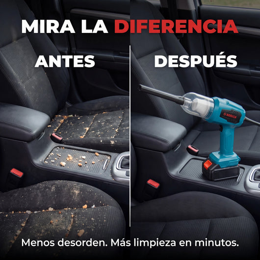Antes y después del interior del auto con la aspiradora inalámbrica