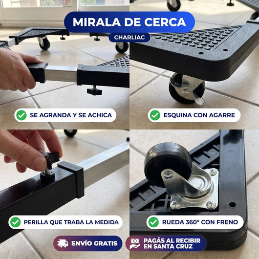 Detalles: tubo que se desliza, esquina con agarre, perilla y rueda con freno