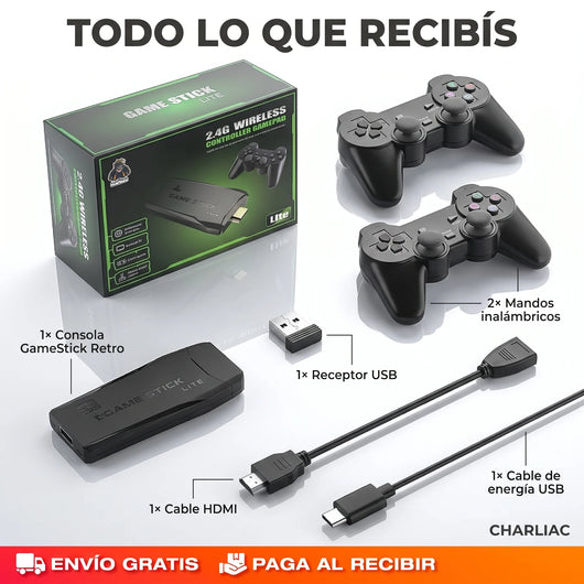 Consola Retro GameStick® — +10.000 Juegos + 2 Mandos Inalámbricos