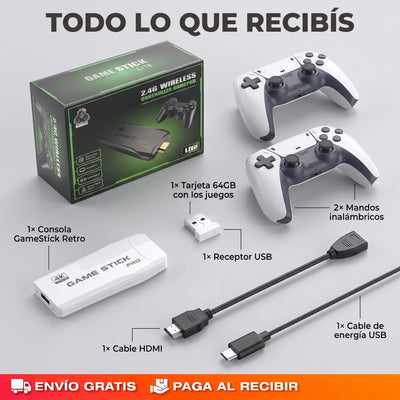 Todo lo que recibis - consola, tarjeta 64GB, 2 mandos, receptor USB y cables