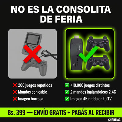 Consola Retro GameStick® — +10.000 Juegos + 2 Mandos Inalámbricos