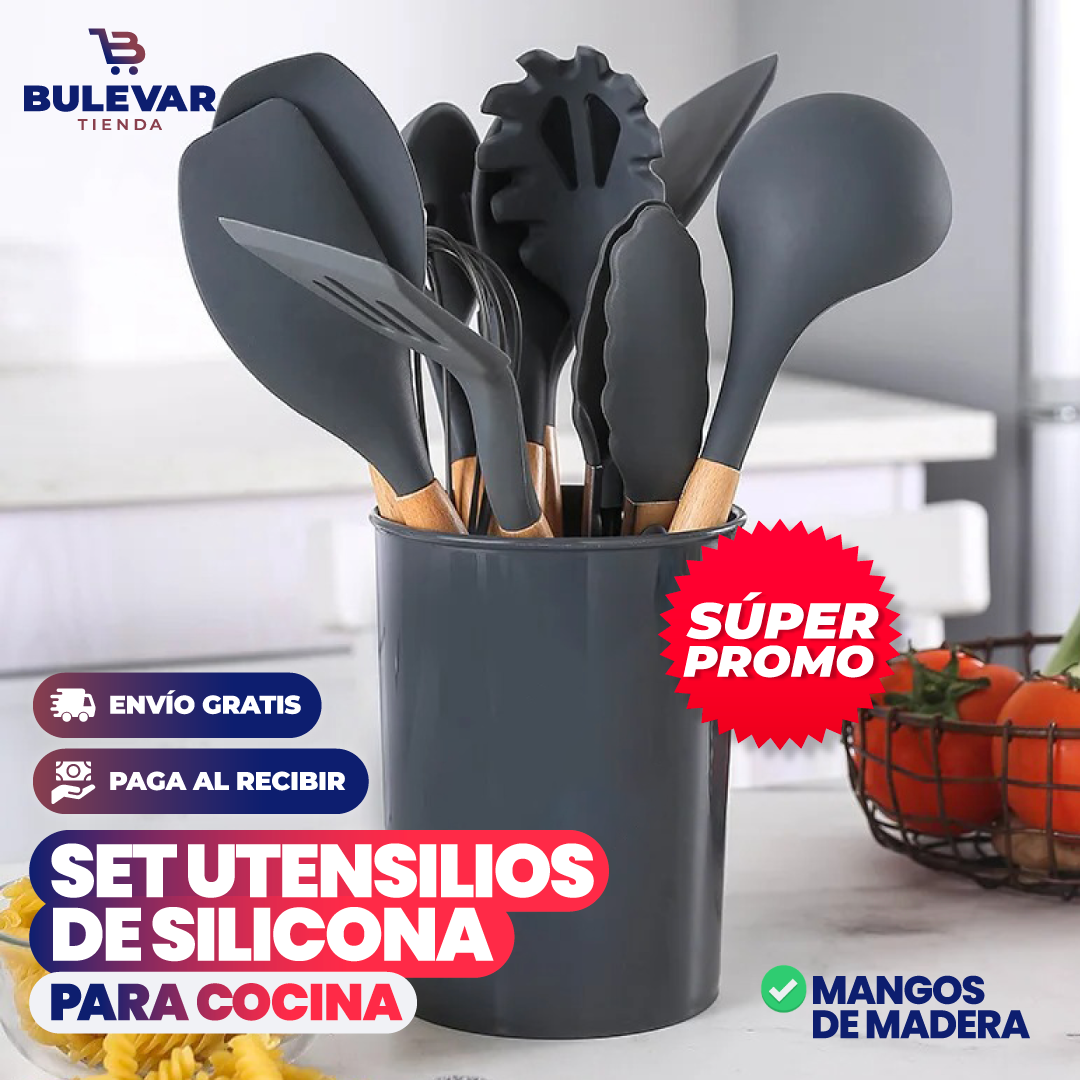 Set 12 Utensilios de Cocina Silicona® — Mango de Madera Resistente al Calor
