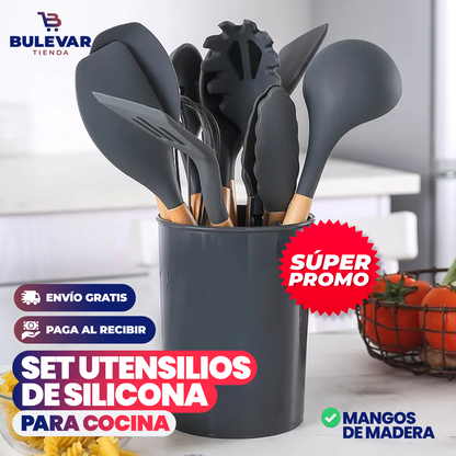 Set 12 Utensilios de Cocina Silicona® — Mango de Madera Resistente al Calor
