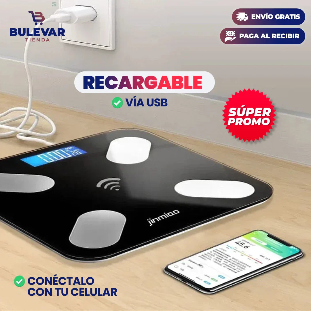 Báscula Inteligente Bluetooth® — Mide Grasa Corporal y 13 Indicadores con App