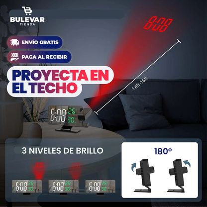 Reloj Despertador LED con Proyector® — Pantalla Espejo Decorativa