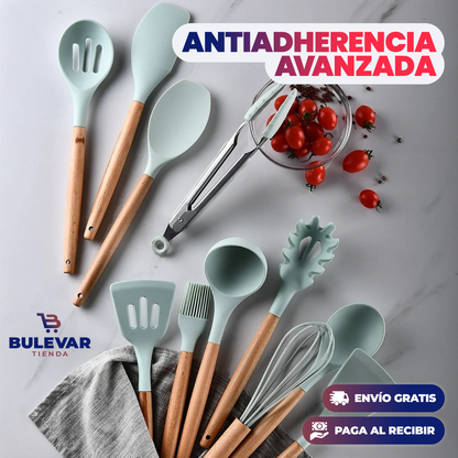 Set 12 Utensilios de Cocina Silicona® — Mango de Madera Resistente al Calor