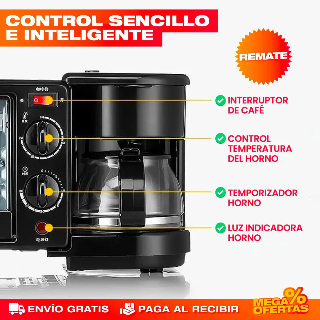 Máquina Desayuno 3 en 1® — Cafetera + Horno + Sartén Antiadherente
