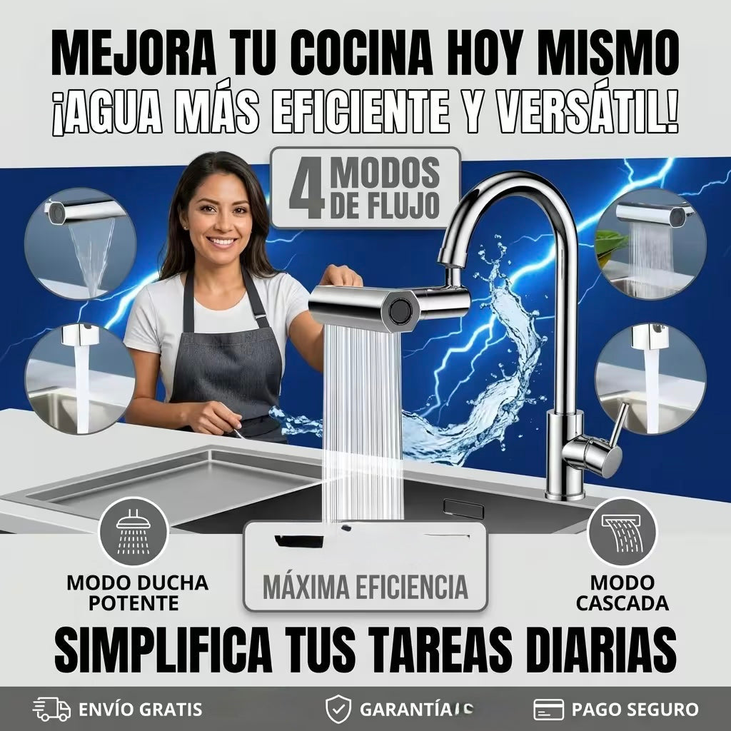 Grifo Multifuncional 4 en 1® — Giratorio 360° con 4 Modos de Agua
