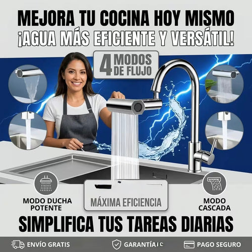 Grifo Multifuncional 4 en 1® — Giratorio 360° con 4 Modos de Agua