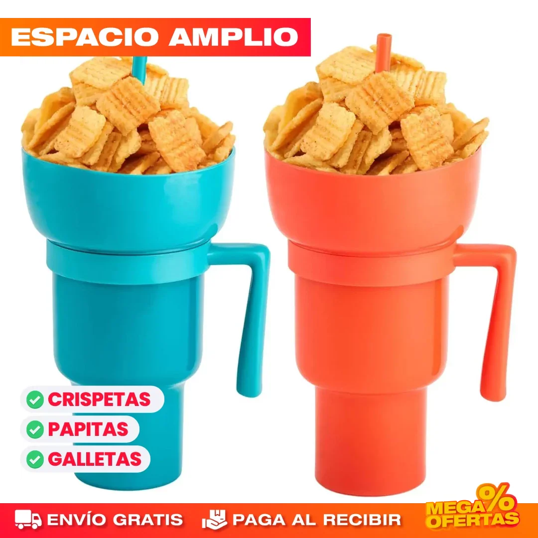 Tazón Snacks y Bebida Cine en Casa® — Promo 2x1 Vaso Multiusos con Compartimento