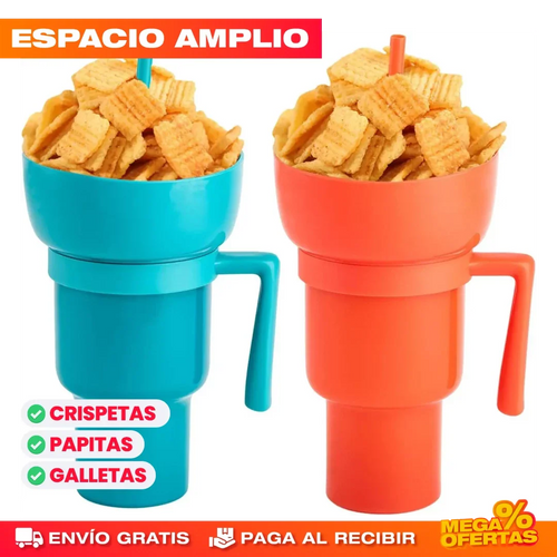 Tazón Snacks y Bebida Cine en Casa® — Promo 2x1 Vaso Multiusos con Compartimento