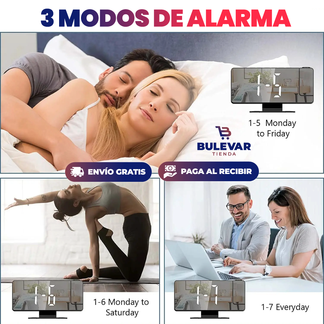 Reloj Despertador LED con Proyector® — Pantalla Espejo Decorativa