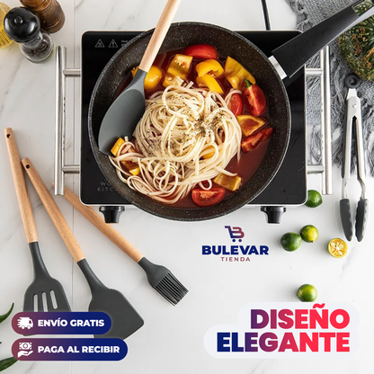 Set 12 Utensilios de Cocina Silicona® — Mango de Madera Resistente al Calor