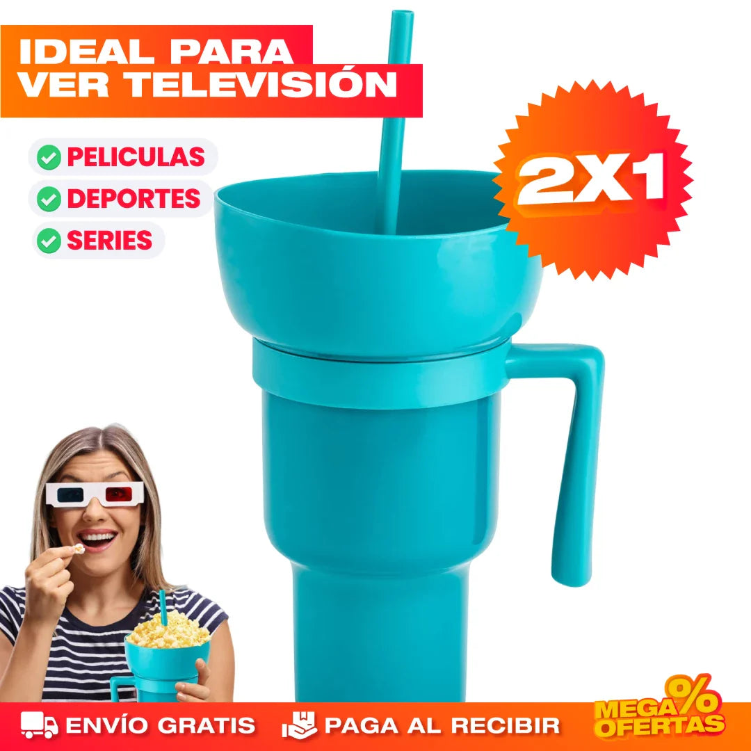 Tazón Snacks y Bebida Cine en Casa® — Promo 2x1 Vaso Multiusos con Compartimento
