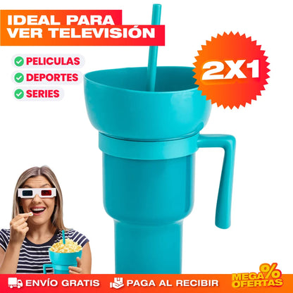 Tazón Snacks y Bebida Cine en Casa® — Promo 2x1 Vaso Multiusos con Compartimento