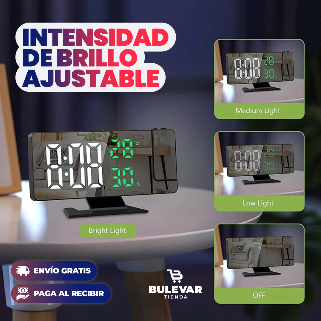 Reloj Despertador LED con Proyector® — Pantalla Espejo Decorativa
