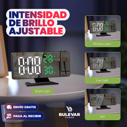 Reloj Despertador LED con Proyector® — Pantalla Espejo Decorativa