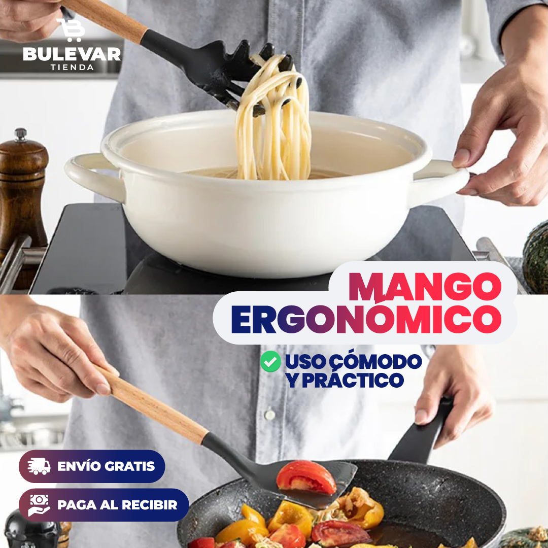 Set 12 Utensilios de Cocina Silicona® — Mango de Madera Resistente al Calor
