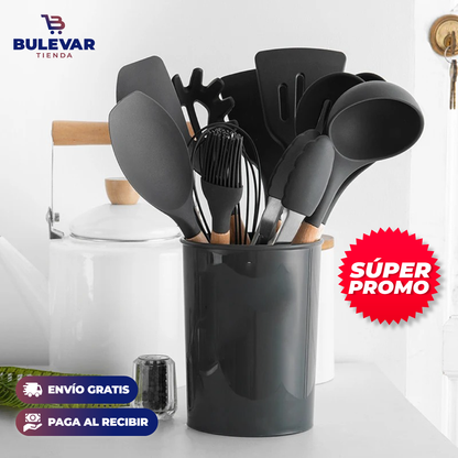 Set 12 Utensilios de Cocina Silicona® — Mango de Madera Resistente al Calor
