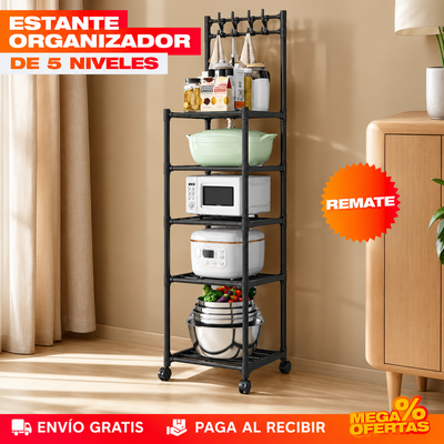 Estante organizador de 5 niveles con electrodomésticos y alacena