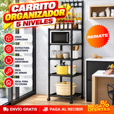 Carrito organizador de 5 niveles con ruedas y barra de ganchos — envío gratis y pagás al recibir