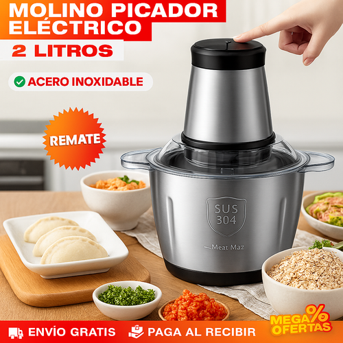 Molino Picador Eléctrico 2L Acero Inoxidable — Pica Carne, Especias y Más en Segundos
