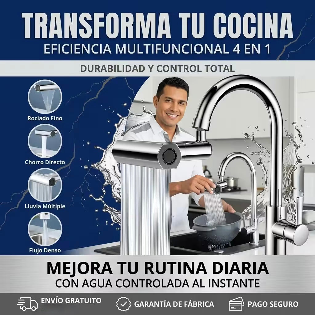 Grifo Multifuncional 4 en 1® — Giratorio 360° con 4 Modos de Agua
