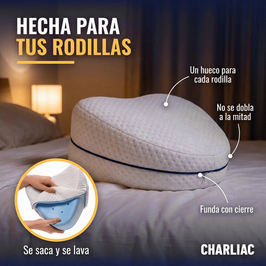 Partes de la Almohada de Alineación: un hueco para cada rodilla, forma que no se dobla y funda con cierre que se saca y se lava