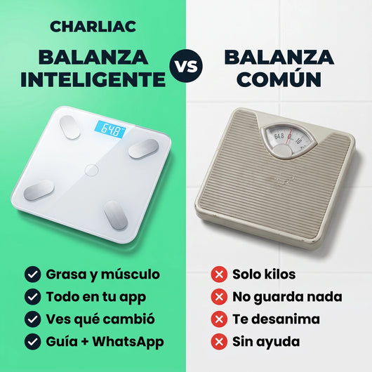 Comparativa balanza inteligente vs balanza común de aguja: grasa y músculo, app, guía y WhatsApp