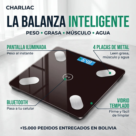 Partes de la balanza inteligente: pantalla iluminada, 4 placas de metal, Bluetooth y vidrio templado