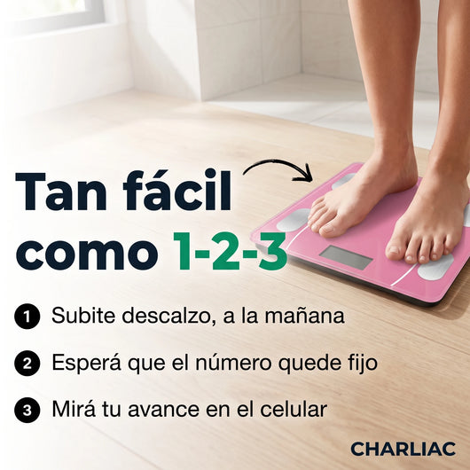 Cómo usar la balanza inteligente en 3 pasos: subite descalzo, esperá el número fijo y mirá tu avance en el celular