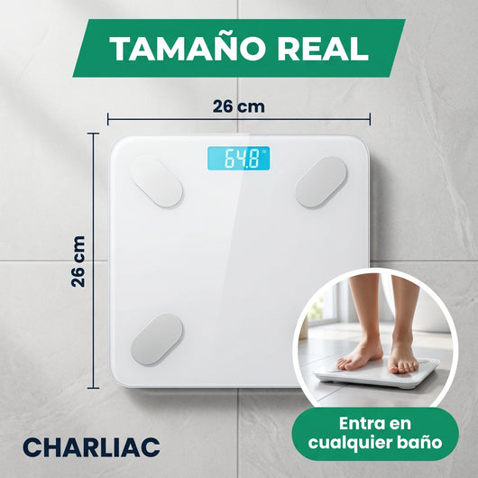 Tamaño real de la balanza inteligente: 26 x 26 cm, entra en cualquier baño