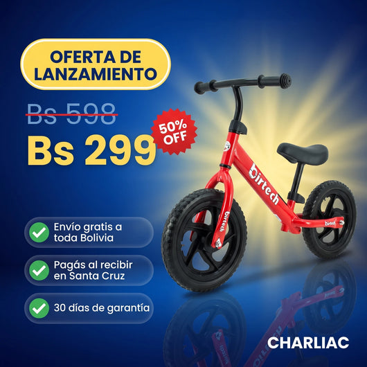Bicicleta de equilibrio aro 12 roja sin pedales en oferta de lanzamiento a Bs 299, envío gratis a toda Bolivia