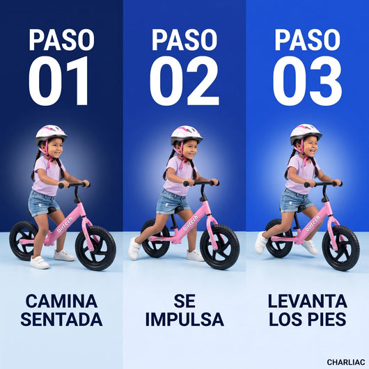 Tres pasos para aprender a andar sin rueditas con la bicicleta de equilibrio rosa