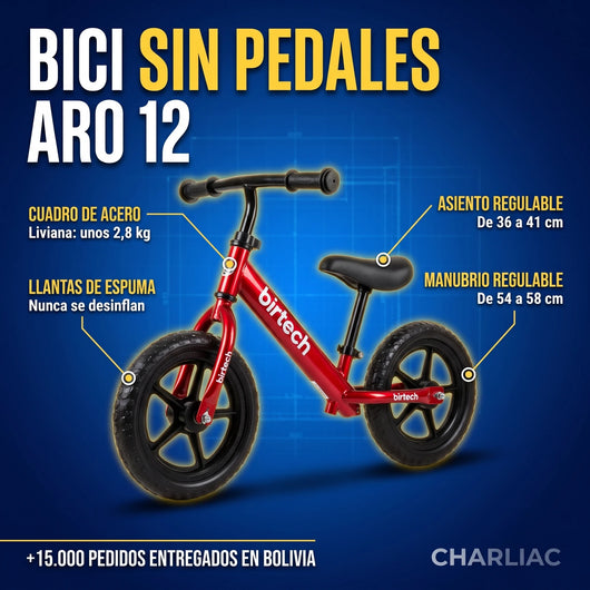 Detalles de la bicicleta de equilibrio aro 12: cuadro de acero, llantas de espuma, asiento y manubrio regulables