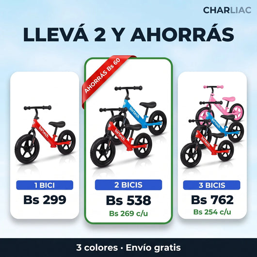 Packs de bicicletas de equilibrio: 1 por Bs 299, 2 por Bs 538 y 3 por Bs 762