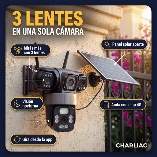 Partes de la Cámara Solar 4G: 3 lentes en una sola cámara, visión nocturna, gira desde la app, panel solar aparte y chip 4G