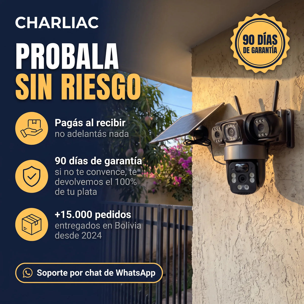 Probala sin riesgo: pagás al recibir, 90 días de garantía, +15.000 pedidos entregados en Bolivia y soporte por chat de WhatsApp
