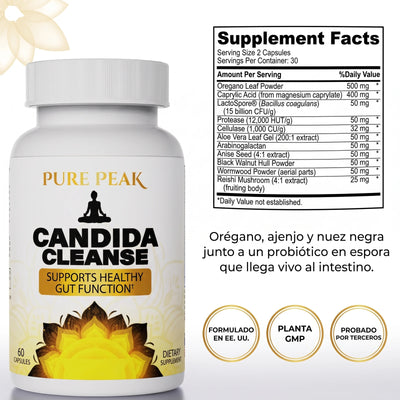 Frasco de Candida Cleanse junto a su panel Supplement Facts: orégano 500 mg, ácido caprílico 400 mg, LactoSpore Bacillus coagulans, proteasa, celulasa, aloe vera, arabinogalactano, anís, nuez negra, ajenjo y reishi. Formulado en EE. UU., planta GMP, probado por terceros