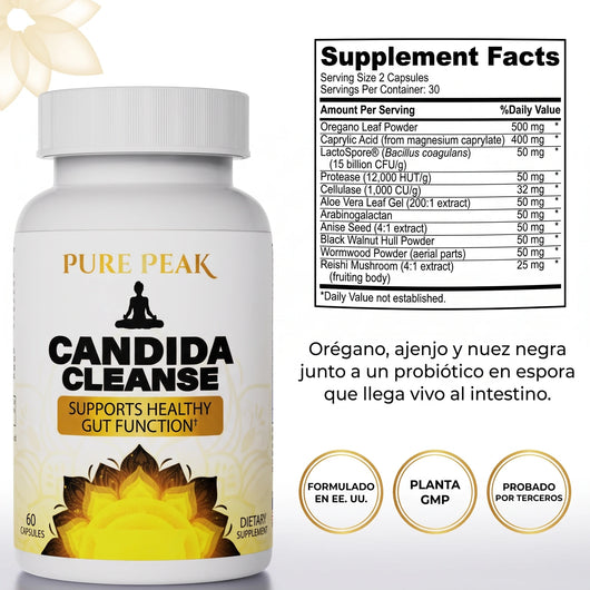 Frasco de Candida Cleanse junto a su panel Supplement Facts: orégano 500 mg, ácido caprílico 400 mg, LactoSpore Bacillus coagulans, proteasa, celulasa, aloe vera, arabinogalactano, anís, nuez negra, ajenjo y reishi. Formulado en EE. UU., planta GMP, probado por terceros
