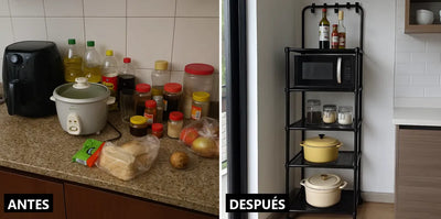 Antes y después: el mesón lleno y el mesón libre con el carrito organizador de 5 niveles