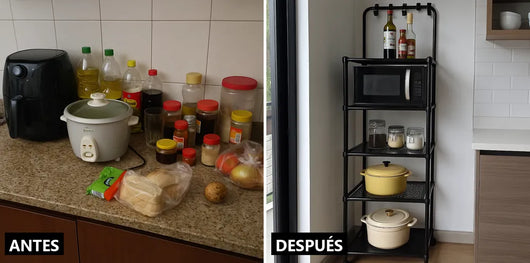 Antes y después: el mesón lleno y el mesón libre con el carrito organizador de 5 niveles