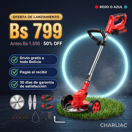 Cortadora de Pasto y Maleza con Ruedas® — Inalámbrica 21V, 2 Baterías