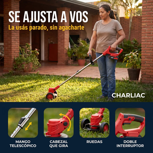 Cortadora de Pasto y Maleza con Ruedas® — Inalámbrica 21V, 2 Baterías