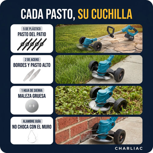 Cortadora de Pasto y Maleza con Ruedas® — Inalámbrica 21V, 2 Baterías