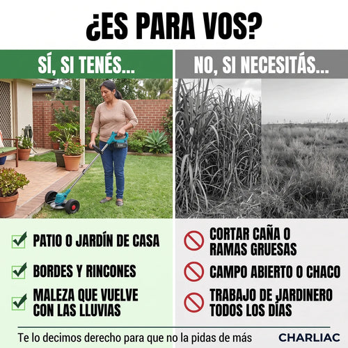 Cortadora de Pasto y Maleza con Ruedas® — Inalámbrica 21V, 2 Baterías