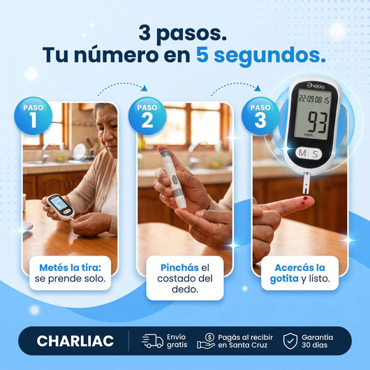 Cómo se usa el glucómetro en 3 pasos: metés la tira, pinchás el costado del dedo y acercás la gotita