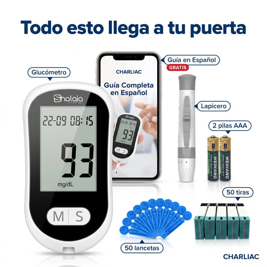 Kit completo del glucómetro: aparato, lapicero, 50 tiras, 50 lancetas, 2 pilas AAA y Guía en Español