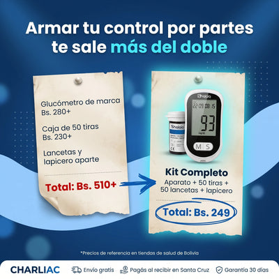 Kit completo del glucómetro a Bs. 249 frente a comprar aparato y tiras por separado